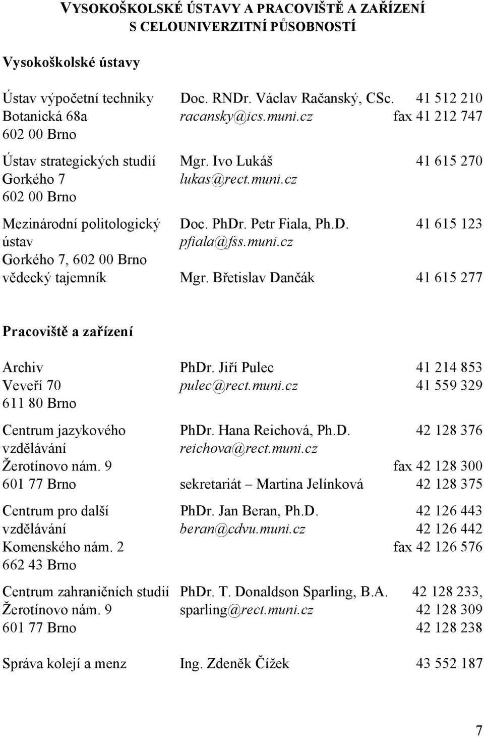 muni.cz Gorkého 7, 602 00 Brno vědecký tajemník Mgr. Břetislav Dančák 41 615 277 Pracoviště a zařízení Archiv PhDr. Jiří Pulec 41 214 853 Veveří 70 pulec@rect.muni.cz 41 559 329 611 80 Brno Centrum jazykového PhDr.