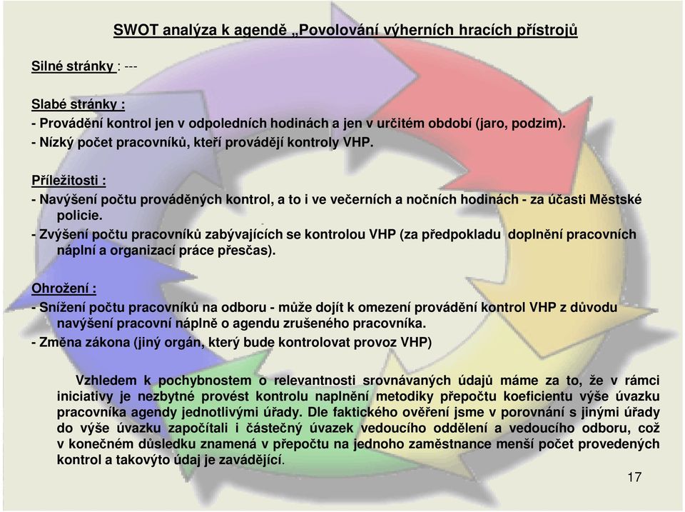 - Zvýšení počtu pracovníků zabývajících se kontrolou VHP (za předpokladu doplnění pracovních náplní a organizací práce přesčas).