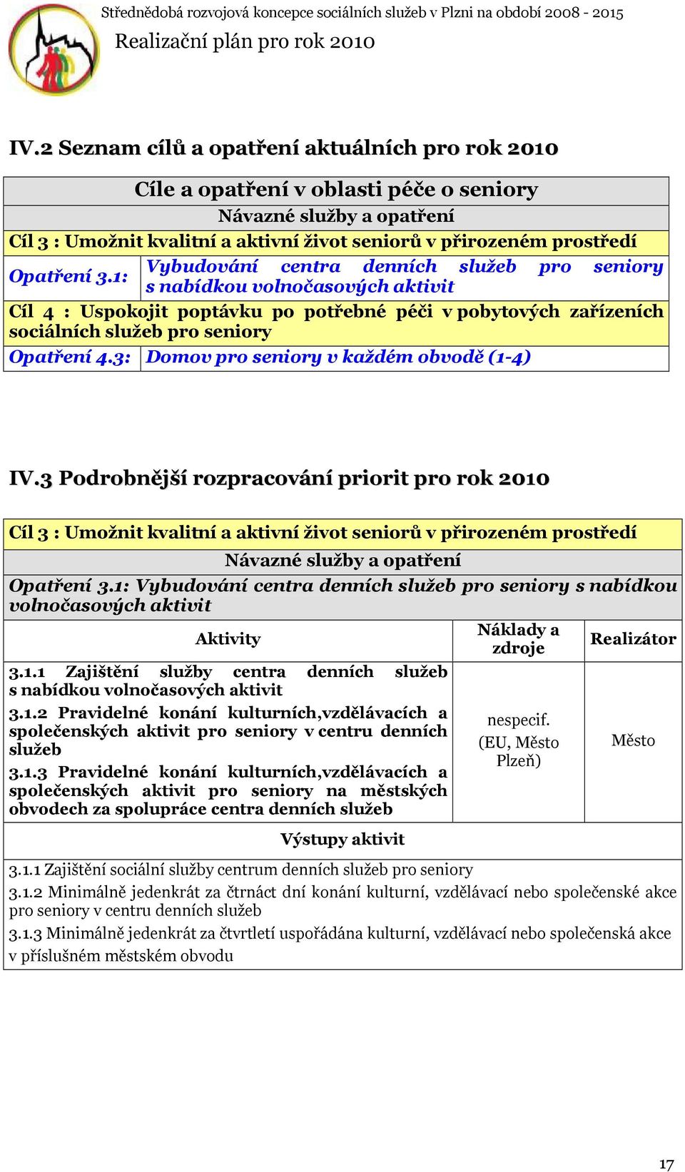 1: s nabídkou volnočasových aktivit Cíl 4 : Uspokojit poptávku po potřebné péči v pobytových zařízeních sociálních služeb pro seniory Opatření 4.3: Domov pro seniory v každém obvodě (1-4) IV.