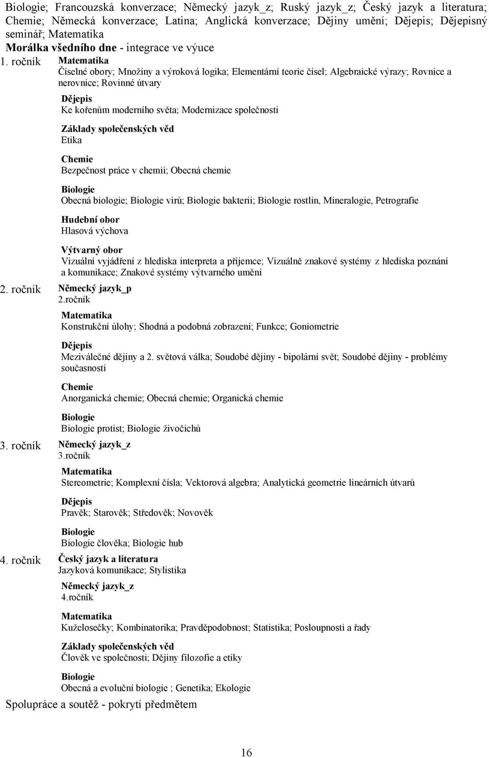 ročník Matematika Číselné obory; Množiny a výroková logika; Elementární teorie čísel; Algebraické výrazy; Rovnice a nerovnice; Rovinné útvary Dějepis Ke kořenům moderního světa; Modernizace