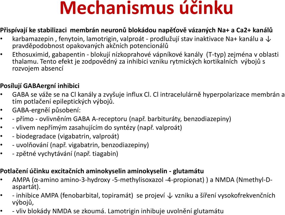 Tento efekt je zodpovědný za inhibici vzniku rytmických kortikalních výbojů s rozvojem absencí Posílují GABAergní inhibici GABA se váže se na Cl kanály a zvyšuje influx Cl.