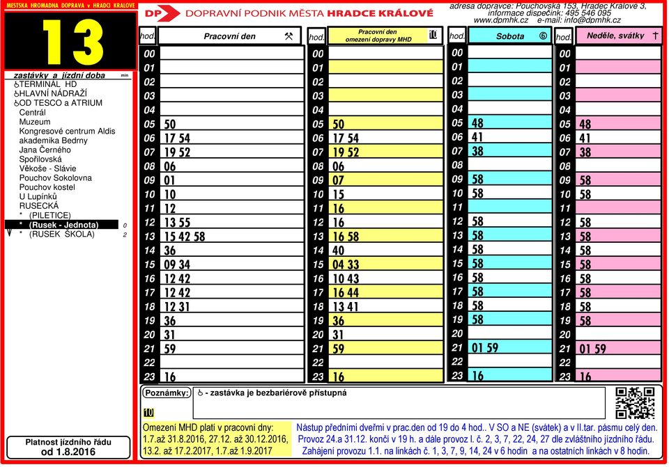 V SO a NE (svátek) a v II.tar. pásmu celý den. Provoz.a.. končí v h. a dále provoz l. č.