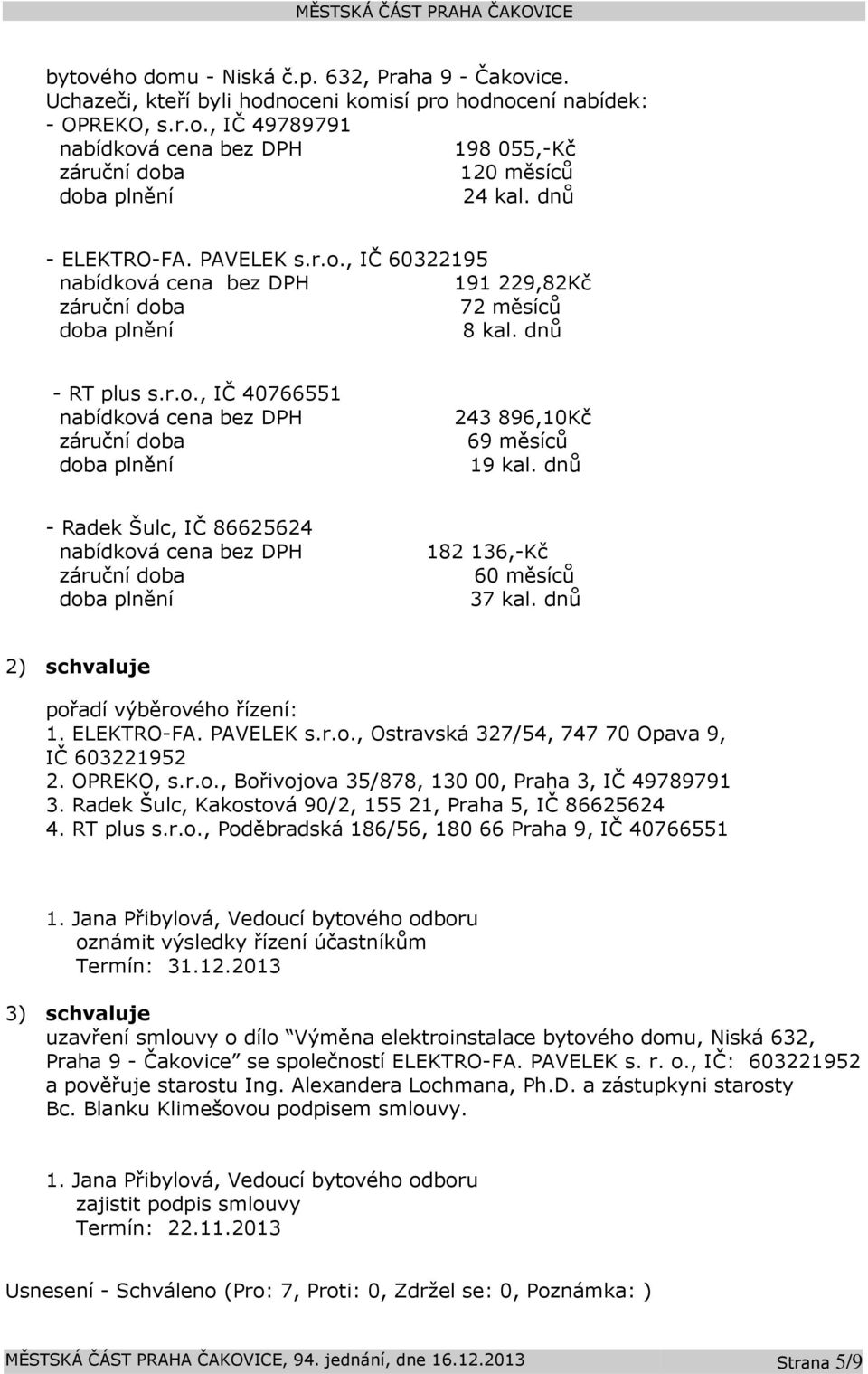 dnů - Radek Šulc, IČ 86625624 nabídková cena bez DPH záruční doba doba plnění 182 136,-Kč 60 měsíců 37 kal. dnů 2) schvaluje pořadí výběrového řízení: 1. ELEKTRO-FA. PAVELEK s.r.o., Ostravská 327/54, 747 70 Opava 9, IČ 603221952 2.