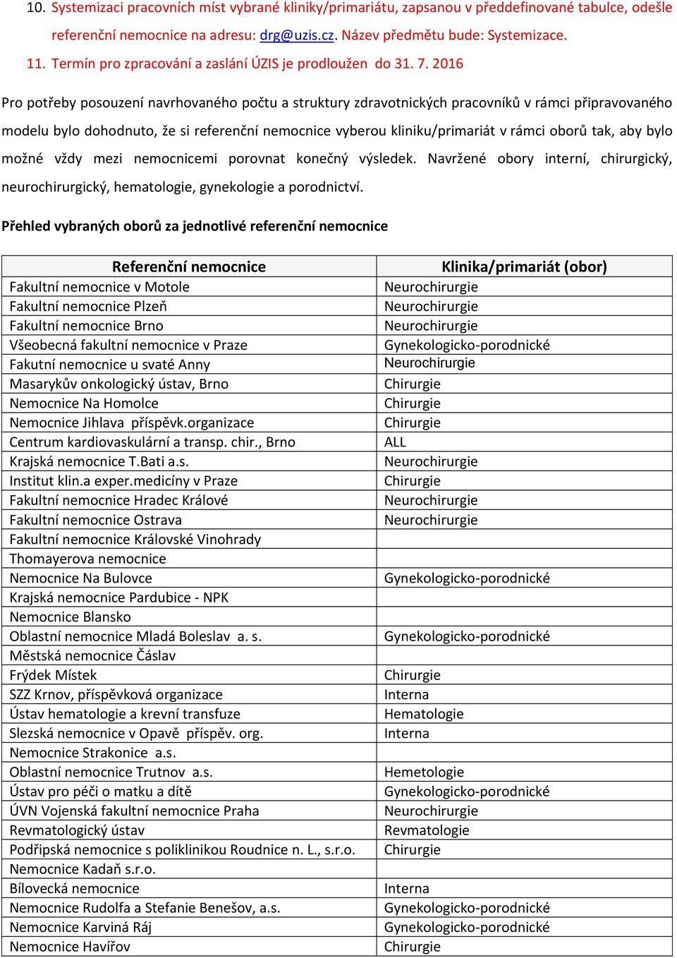 2016 Pro potřeby posouzení navrhovaného počtu a struktury zdravotnických pracovníků v rámci připravovaného modelu bylo dohodnuto, že si referenční nemocnice vyberou kliniku/primariát v rámci oborů