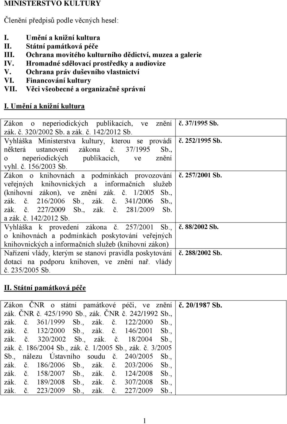 Umění a knižní kultura Zákon o neperiodických publikacích, ve znění zák. č. 320/2002 Sb. a zák. č. 142/2012 Sb. Vyhláška Ministerstva kultury, kterou se provádí některá ustanovení zákona č.