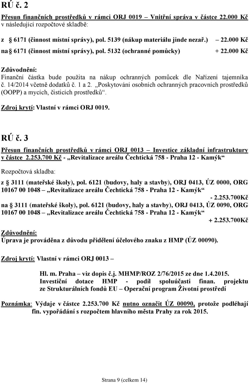 1 a 2. Poskytování osobních ochranných pracovních prostředků (OOPP) a mycích, čisticích prostředků. Zdroj krytí: Vlastní v rámci ORJ 0019. RÚ č. 3 v částce 2.253.