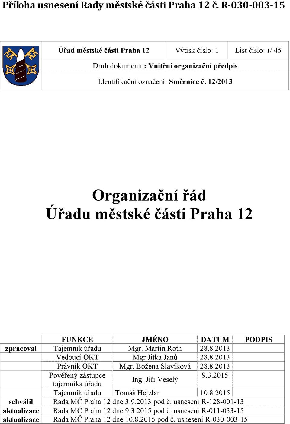 12/2013 Organizační řád Úřadu městské části Praha 12 FUNKCE JMÉNO DATUM PODPIS zpracoval Tajemník úřadu Mgr. Martin Roth 28.8.2013 Vedoucí OKT Mgr Jitka Janů 28.8.2013 Právník OKT Mgr.