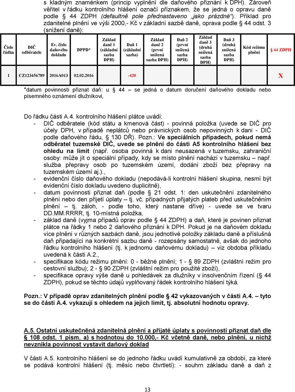 Příklad pro zdanitelné plnění ve výši 2000,- Kč v základní sazbě daně, oprava podle 44 odst. 3 (snížení daně): Ev.