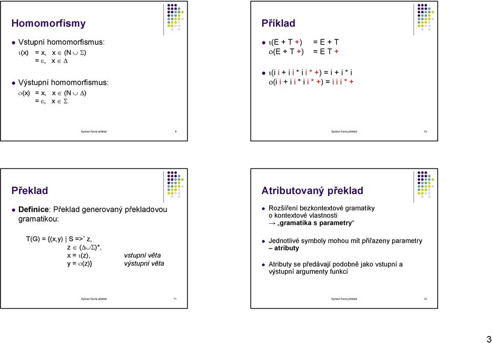 Rozšíření bezkontextové gramatiky o kontextové vlastnosti gramatika s parametry T(G) = {(x,y) S => * z, z ( Σ)*, x = ι(z), y = ο(z)} vstupní věta výstupní věta