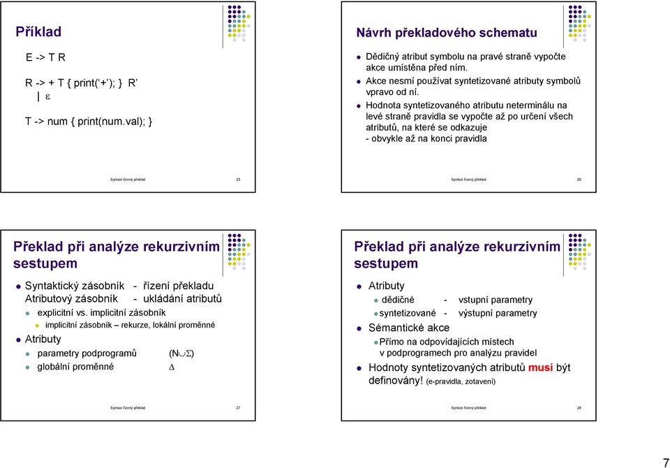 Hodnota syntetizovaného atributu neterminálu na levé straně pravidla se vypočte až po určení všech atributů, na které se odkazuje - obvykle až na konci pravidla Syntaxí řízený překlad 25 Syntaxí