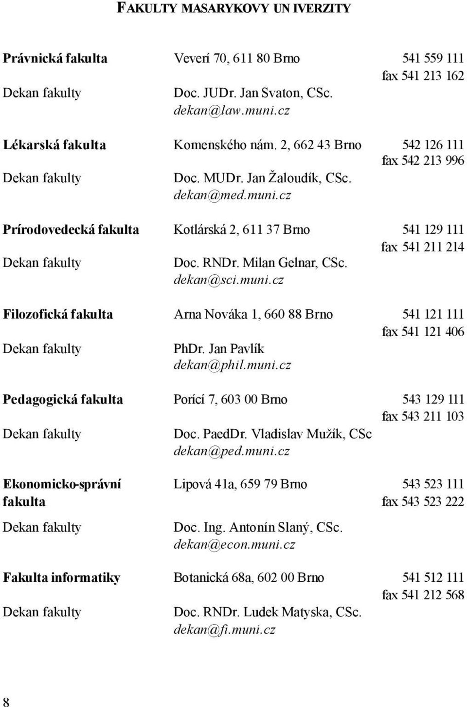 RNDr. Milan Gelnar, CSc. dekan@sci.muni.cz Filozofická fakulta Arna Nováka 1, 660 88 Brno 541 121 111 fax 541 121 406 Dekan fakulty PhDr. Jan Pavlík dekan@phil.muni.cz Pedagogická fakulta Porící 7, 603 00 Brno 543 129 111 fax 543 211 103 Dekan fakulty Doc.