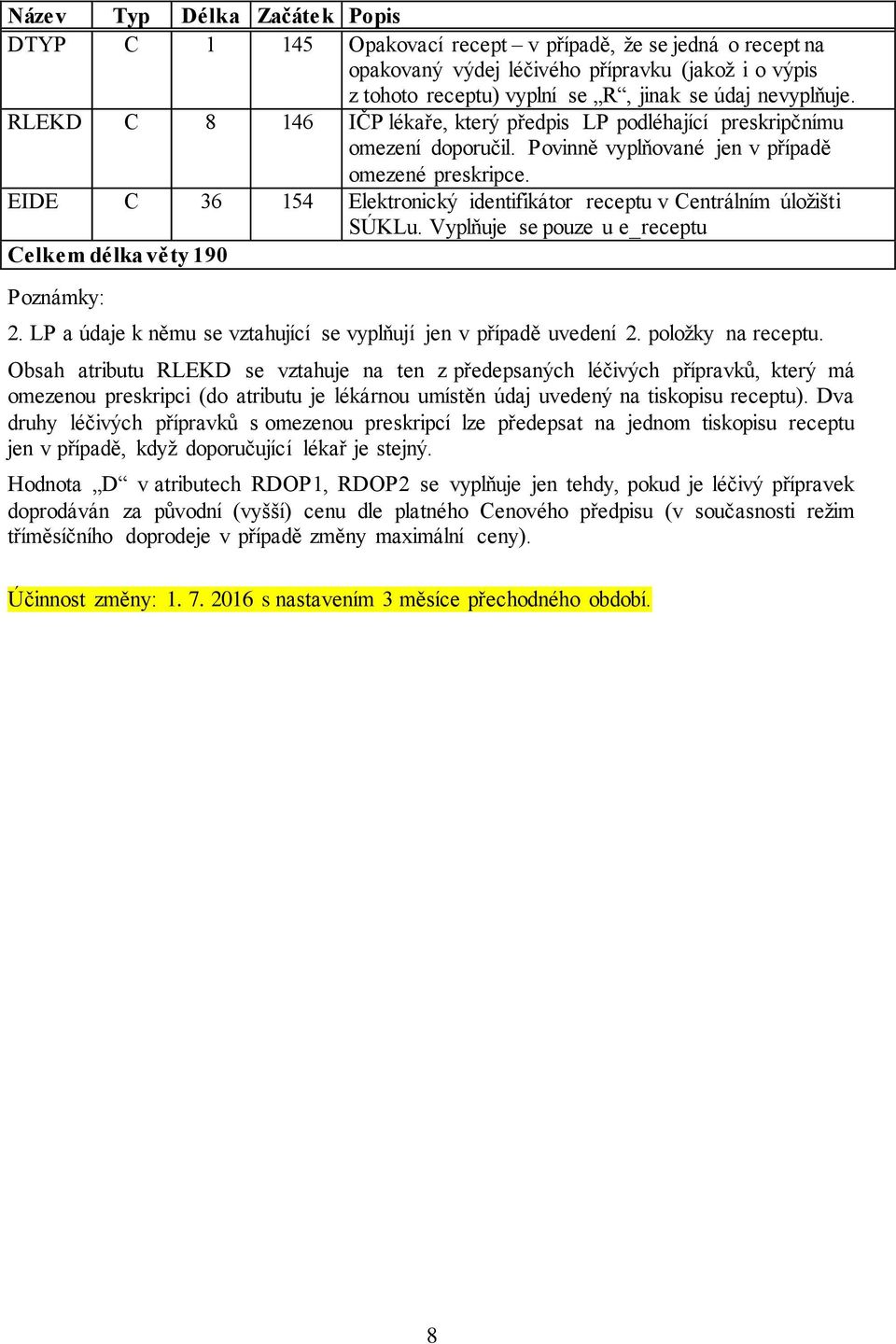 EIDE C 36 154 Elektronický identifikátor receptu v Centrálním úložišti SÚKLu. Vyplňuje se pouze u e_receptu Celkem délka věty 190 Poznámky: 2.