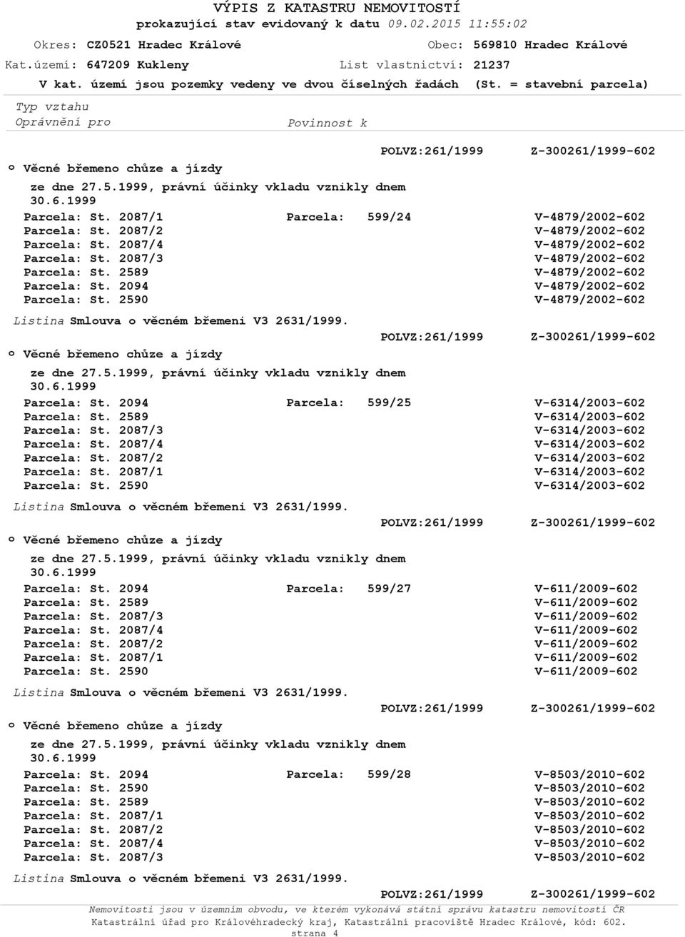 Věcné břemen chůze a jízdy Parcela: 599/25 Smluva věcném břemeni V3 2631/1999. Věcné břemen chůze a jízdy Parcela: 599/27 Smluva věcném břemeni V3 2631/1999.