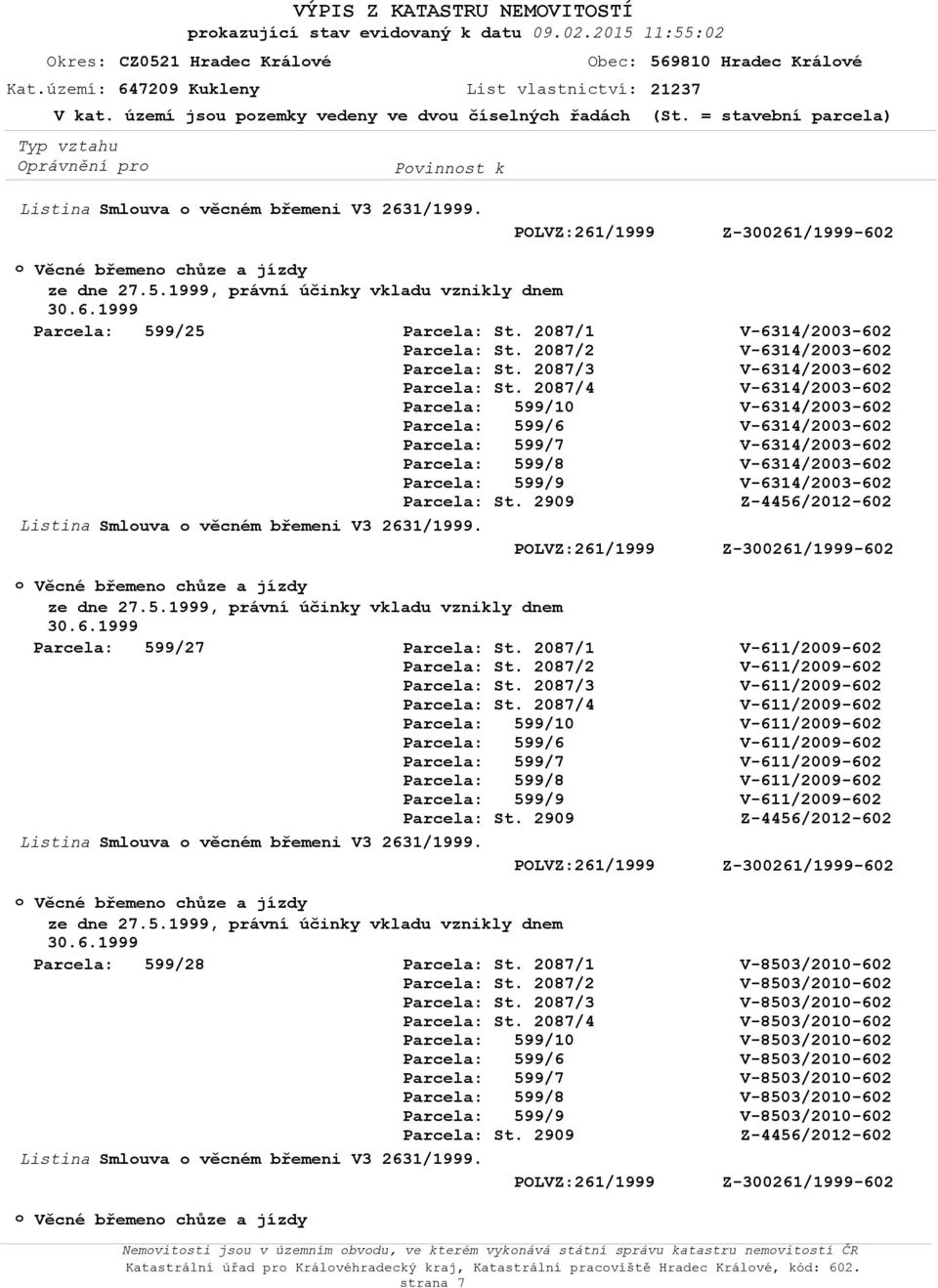 Věcné břemen chůze a jízdy Parcela: 599/25 Smluva věcném břemeni V3 2631/1999. Věcné břemen chůze a jízdy Parcela: 599/27 Smluva věcném břemeni V3 2631/1999.