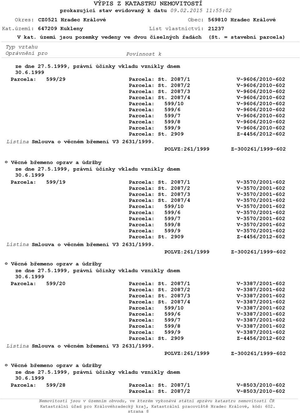 Věcné břemen prav a údržby Parcela: 599/19 Smluva věcném břemeni V3 2631/1999. Věcné břemen prav a údržby Parcela: 599/20 Smluva věcném břemeni V3 2631/1999.