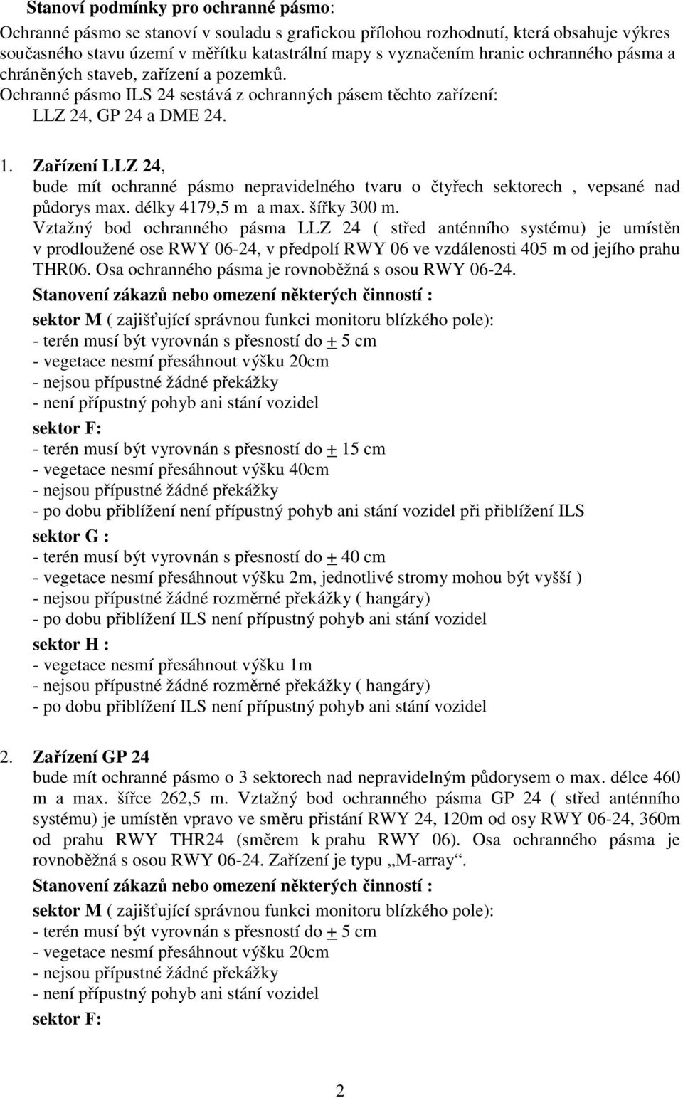 Zařízení LLZ 24, bude mít ochranné pásmo nepravidelného tvaru o čtyřech sektorech, vepsané nad půdorys max. délky 4179,5 m a max. šířky 300 m.