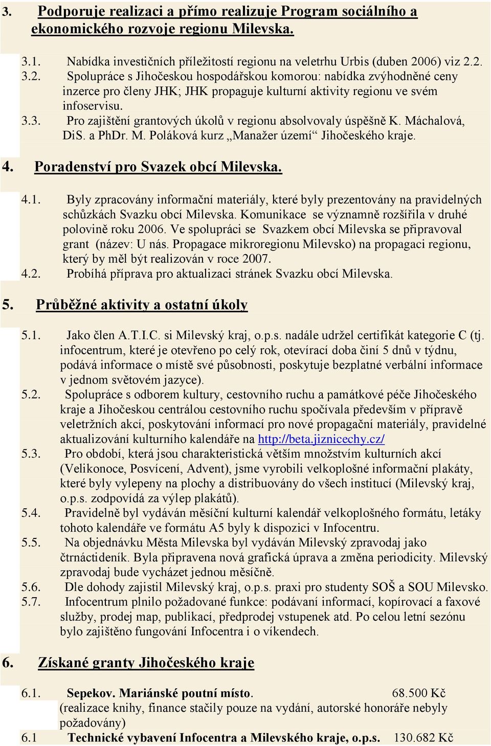 Máchalová, DiS. a PhDr. M. Poláková kurz Manažer území Jihočeského kraje. 4. Poradenství pro Svazek obcí Milevska. 4.1.