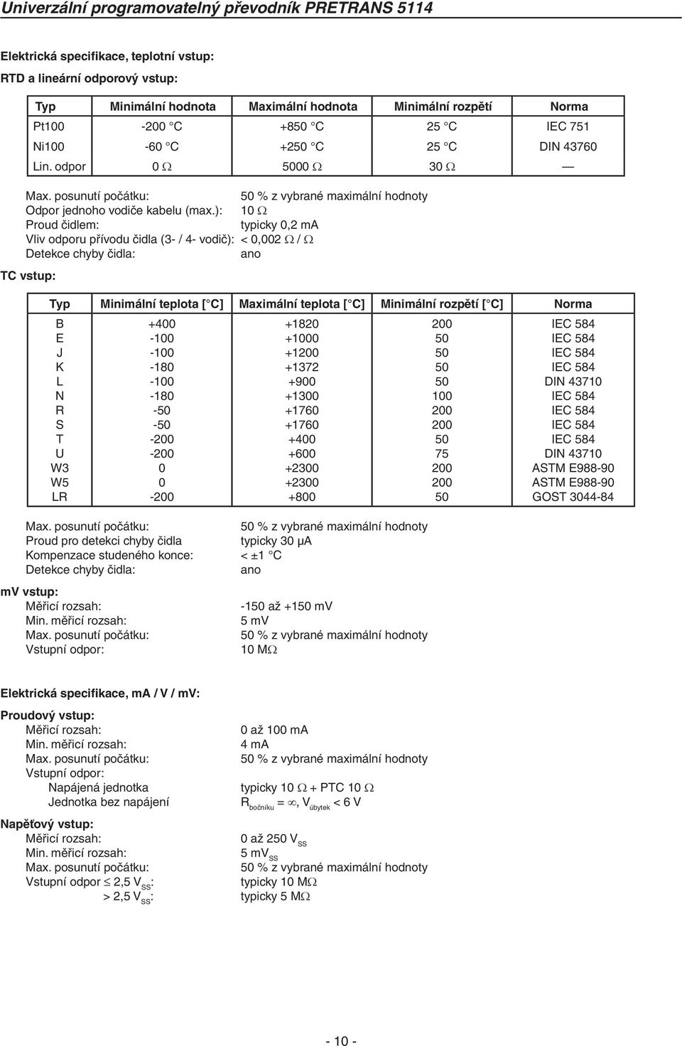 čidla: ano TC vstup: Typ Minimální teplota [ C] Maximální teplota [ C] Minimální rozpětí [ C] Norma B E J K L N R S T U W3 W5 LR +400 00 00 80 00 80 00 00 0 0 00 +80 +000 +00 +37 +900 +300 +760 +760