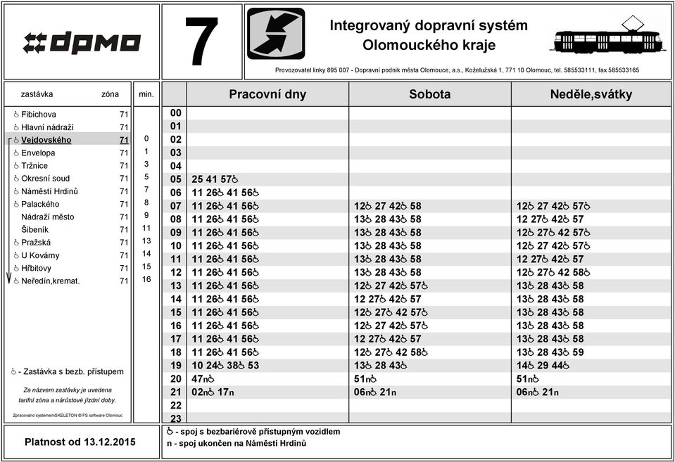 Pražská 71 @ U Kovárny 71 @ Hřbitovy 71 @ Neředín,kremat. 71 Platnost od.