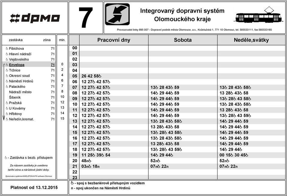 7 Nádraží město 71 8 Šibeník 71 @ Pražská 71 @ U Kovárny 71 @ Hřbitovy 71 @ Neředín,kremat. 71 Platnost od.