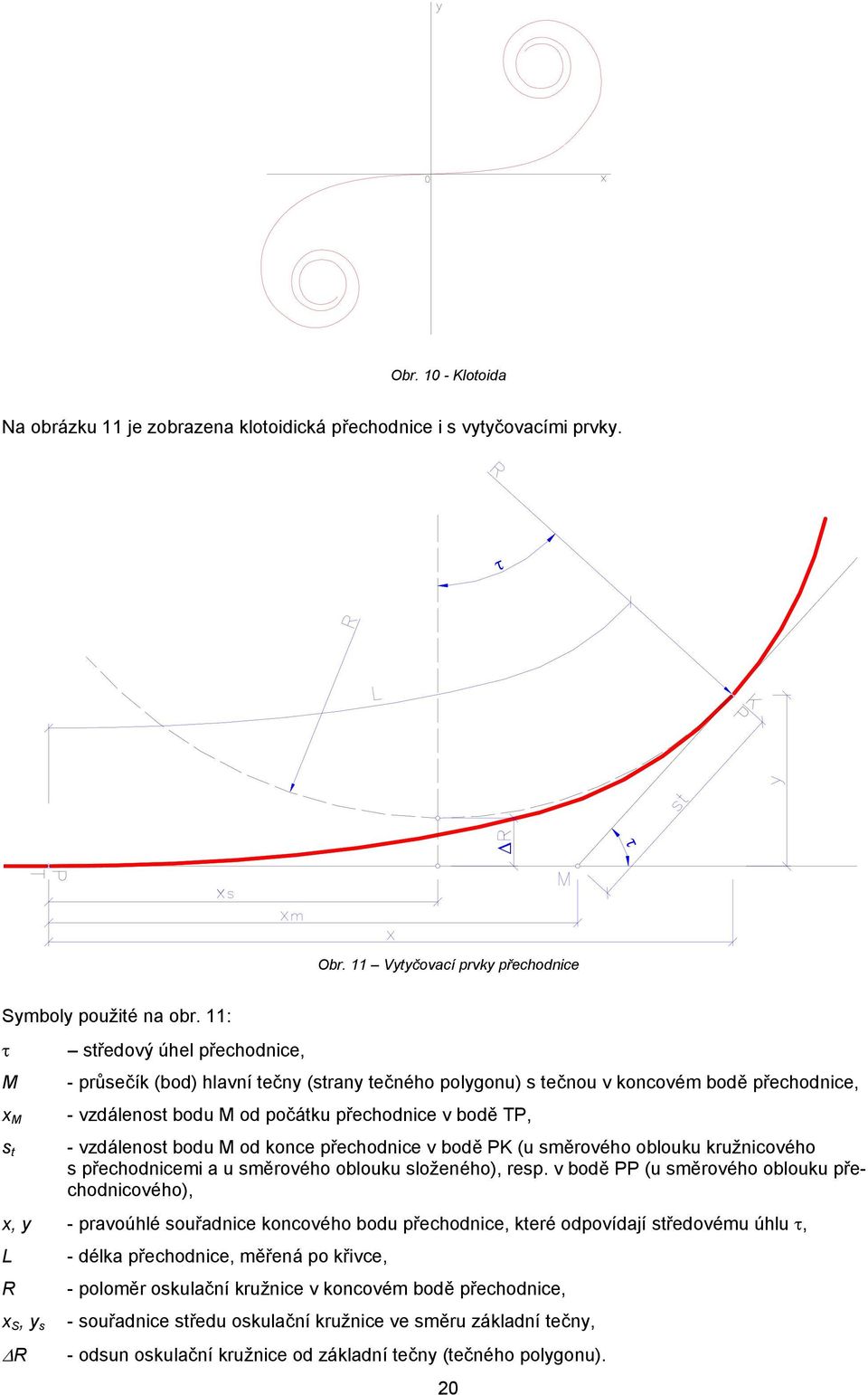 vzdálenost bodu M od konce přechodnice v bodě PK (u směrového oblouku kružnicového s přechodnicemi a u směrového oblouku složeného), resp.