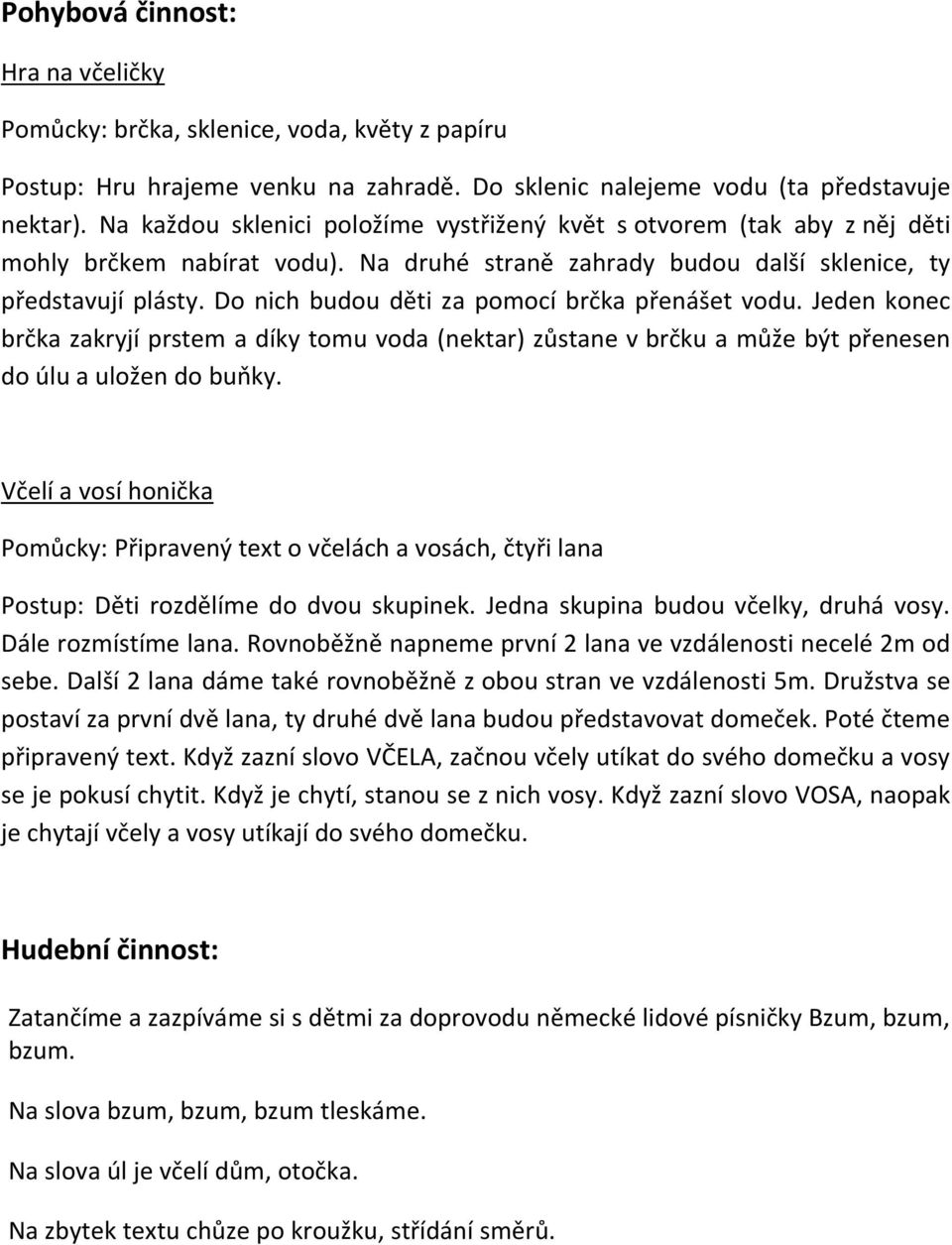 Do nich budou děti za pomocí brčka přenášet vodu. Jeden konec brčka zakryjí prstem a díky tomu voda (nektar) zůstane v brčku a může být přenesen do úlu a uložen do buňky.