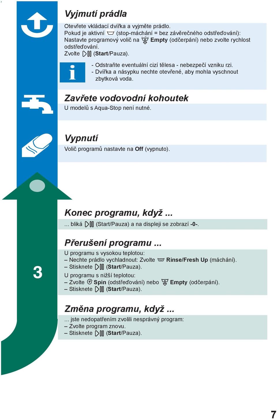 - Odstraňte eventuální cizí tělesa - nebezpečí vzniku rzi. - Dvířka a násypku nechte otevřené, aby mohla vyschnout zbytková voda. Zavřete vodovodní kohoutek U modelů s Aqua-Stop není nutné.