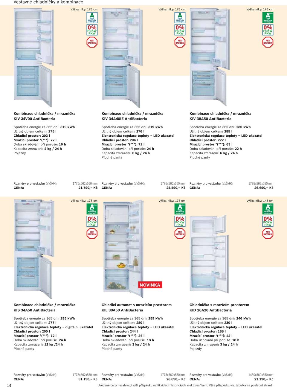 365 dní: 319 kwh Užitný objem celkem: 276 l Elektronická regulace teploty LED ukazatel Chladící prostor: 204 l Mrazící prostor *(***): 72 l Doba skladování při poruše: 24 h Kapacita zmrazení: 6 kg /