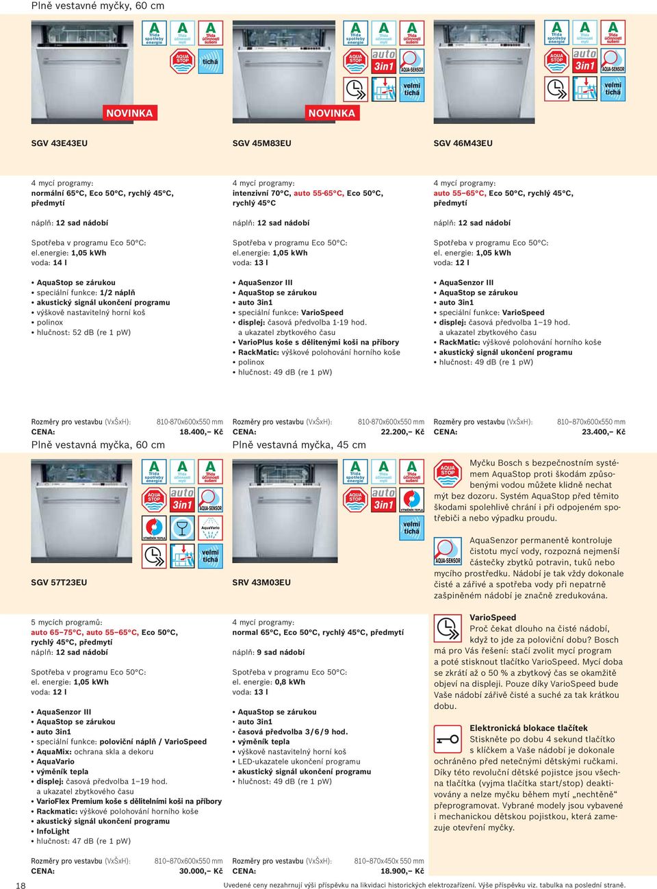 Eco 50 C, rychlý 45 C el.: 1,05 kwh voda: 13 l speciální funkce: VarioSpeed displej: časová předvolba 1-19 hod.