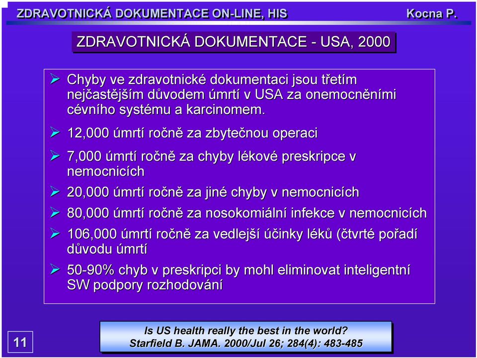 12,000 úmrtí ročně za zbytečnou operaci 7,000 úmrtí ročně za chyby lékové preskripce v nemocnicích 20,000 úmrtí ročně za jiné chyby v nemocnicích 80,000