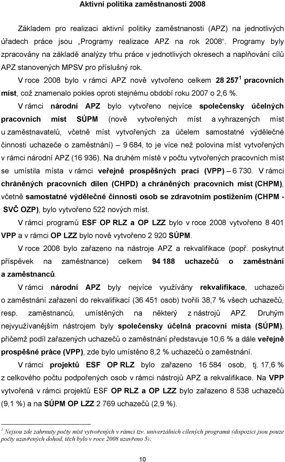 V roce 28 bylo v rámci APZ vytvořeno 28 257 1 pracovních míst, což zmelo pokles oproti stejnému období roku 27 o 2,6 %.