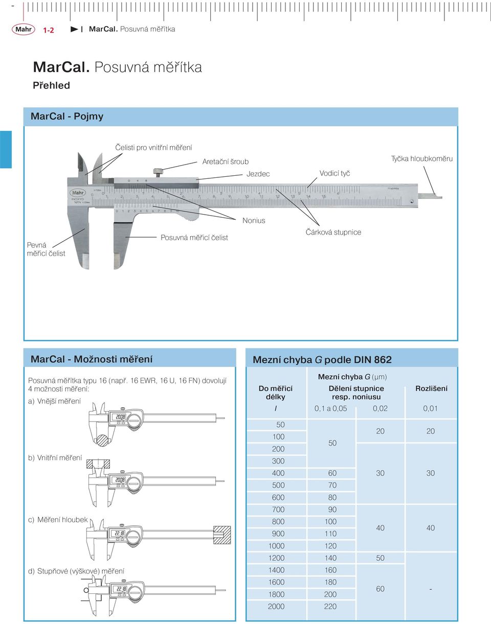 16 EWR, 16 U, 16 FN) dovolují 4 možnosti měření: ) Vnější měření ) Vnitřní měření c) Měření hlouek d) Stupňové (výškové) měření Mezní chy G podle DIN