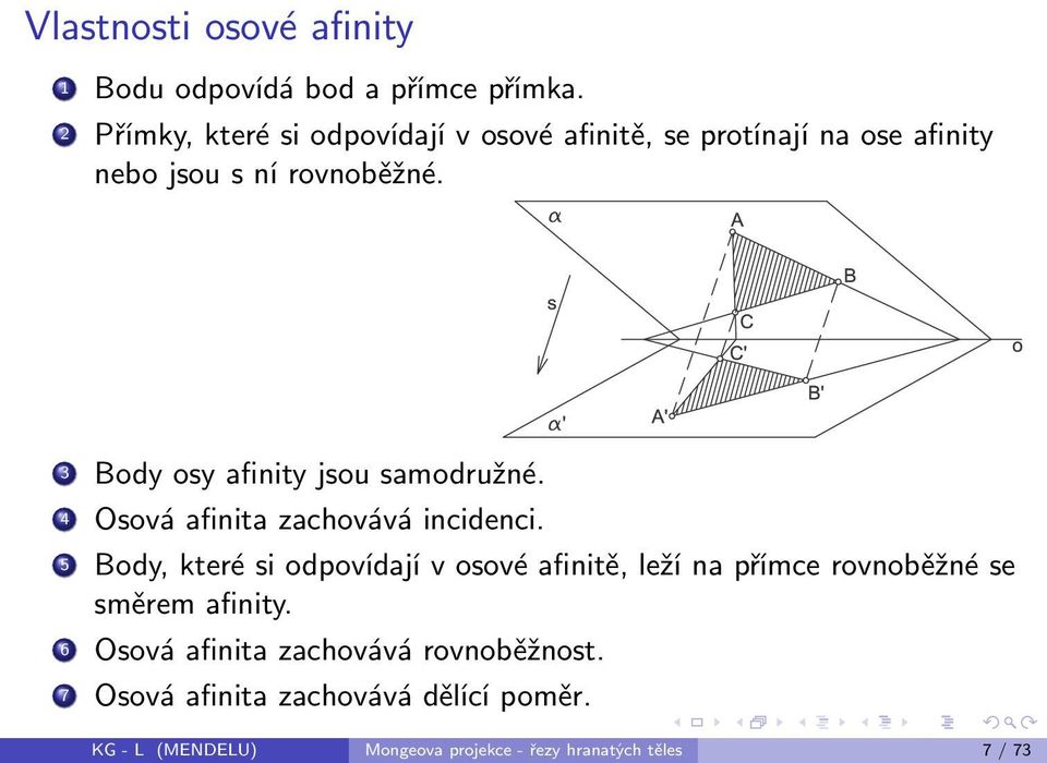 3 Body osy afinity jsou samodružné. 4 Osová afinita zachovává incidenci.