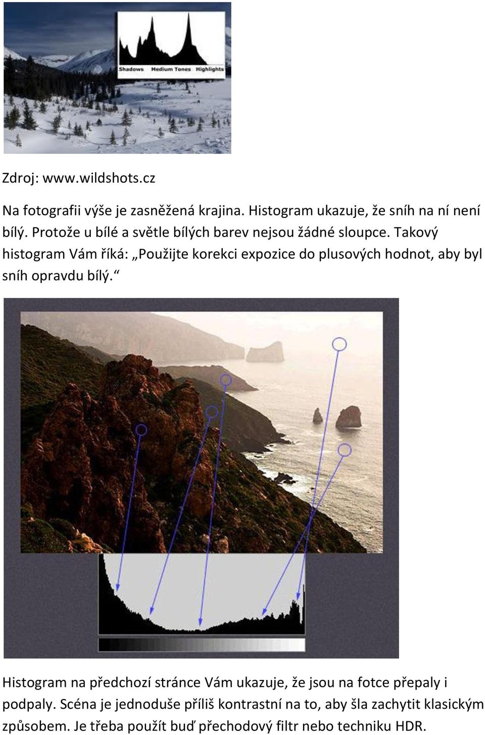 Takový histogram Vám říká: Použijte korekci expozice do plusových hodnot, aby byl sníh opravdu bílý.