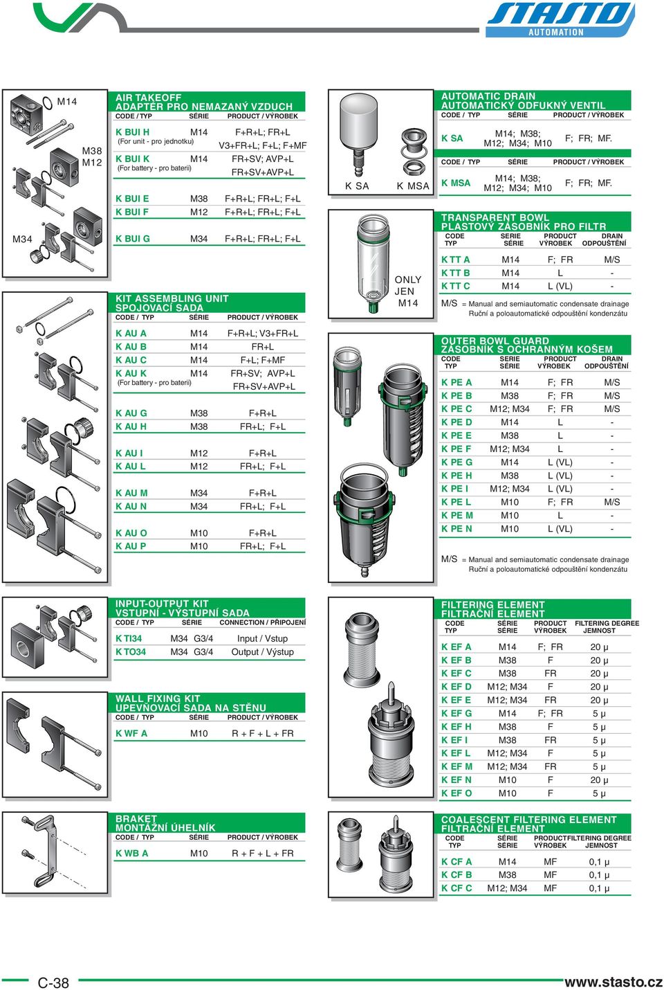 TRANSPARENT BOWL PLASTOVÝ ZÁSOBNÍK PRO FILTR CODE SERIE PRODUCT DRA TYP SÉRIE VÝROBEK ODPOUŠTĚNÍ KIT ASSEMBLG UNIT SPOJOVACÍ SADA ONLY JEN M K TT A M F; FR M/S K TT B M L - K TT C M L (VL) - M/S =