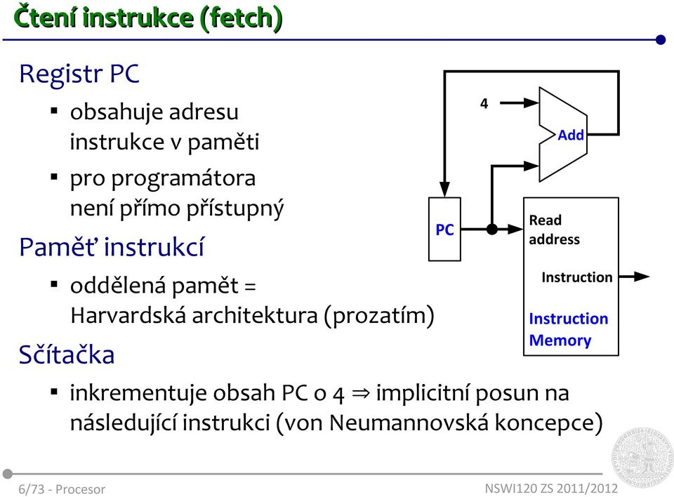 (prozatím) Sčítačka inkrementuje obsah PC o 4 implicitní posun na následující instrukci