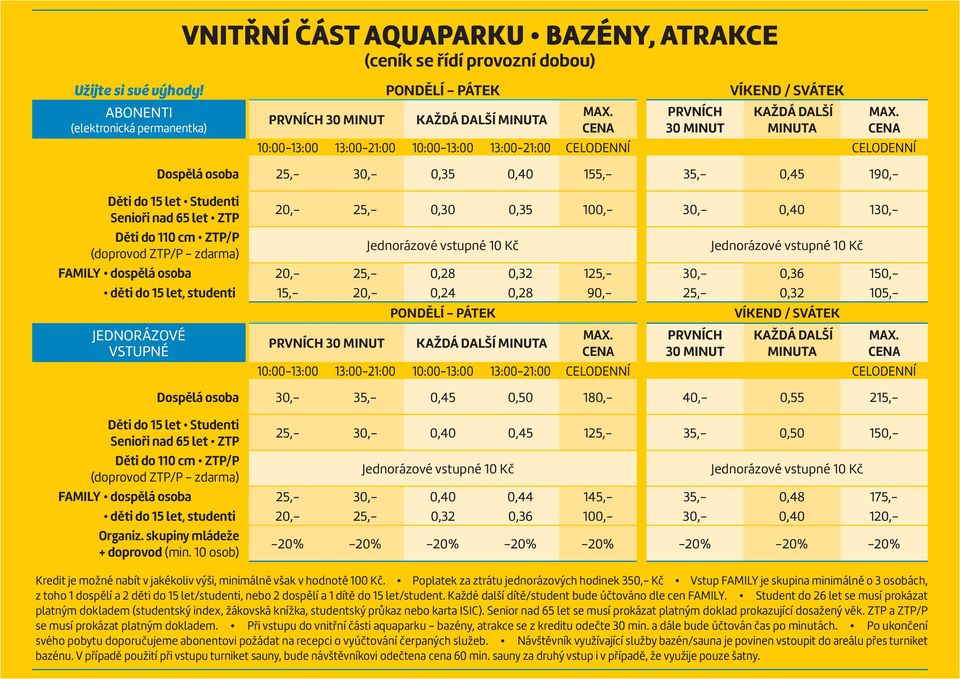10:00-13:00 13:00-21:00 CELODENNÍ CELODENNÍ Dospělá osoba 30,- 35,- 0,45 0,50 180,- 40,- 0,55 215,- 25,- 30,- 0,40 0,45 125,- 35,- 0,50 150,- FAMILY dospělá osoba 25,- 30,- 0,40 0,44 145,- 35,- 0,48