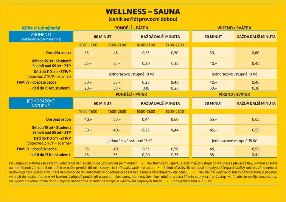 25,- 35,- 0,20 0,35 40,- 0,45 FAMILY dospělá osoba 30,- 35,- 0,28 0,40 40,- 0,48 děti do 15 let, studenti 20,- 30,- 0,16 0,28 30,- 0,36 VÍKEND / SVÁTEK 60 MINUT KAŽDÁ DALŠÍ MINUTA 60 MINUT KAŽDÁ