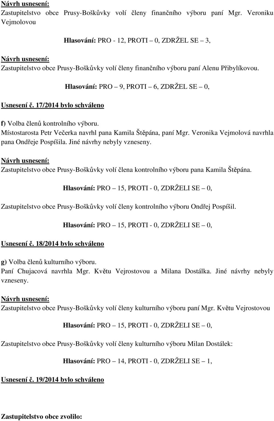 17/2014 bylo schváleno Hlasování: PRO 9, PROTI 6, ZDRŽEL SE 0, f) Volba členů kontrolního výboru. Místostarosta Petr Večerka navrhl pana Kamila Štěpána, paní Mgr.