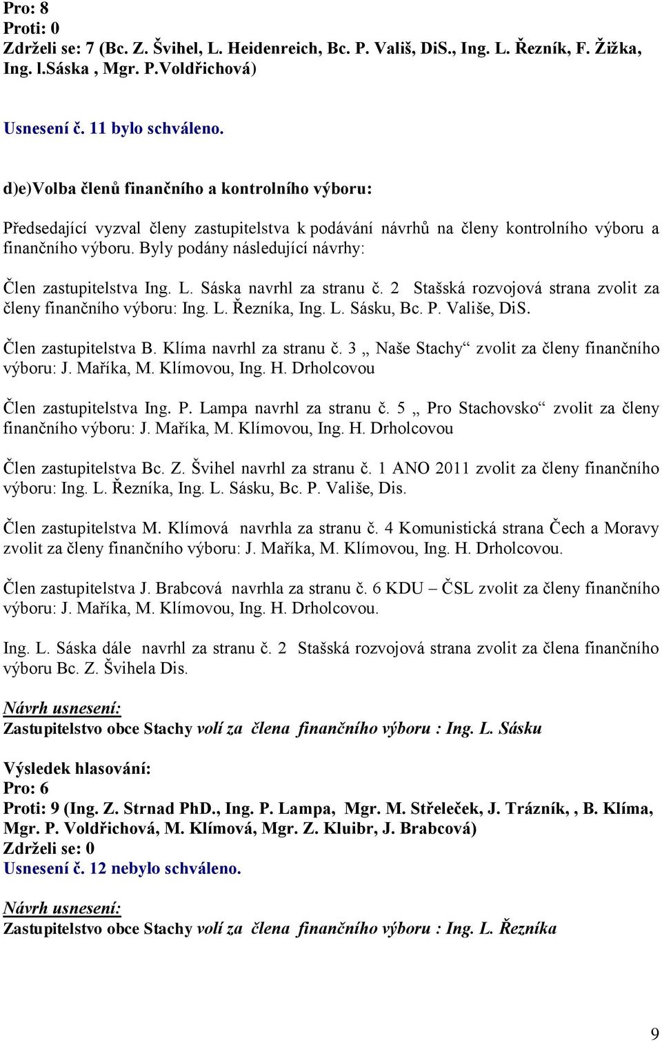 Byly podány následující návrhy: Člen zastupitelstva Ing. L. Sáska navrhl za stranu č. 2 Stašská rozvojová strana zvolit za členy finančního výboru: Ing. L. Řezníka, Ing. L. Sásku, Bc. P. Vališe, DiS.