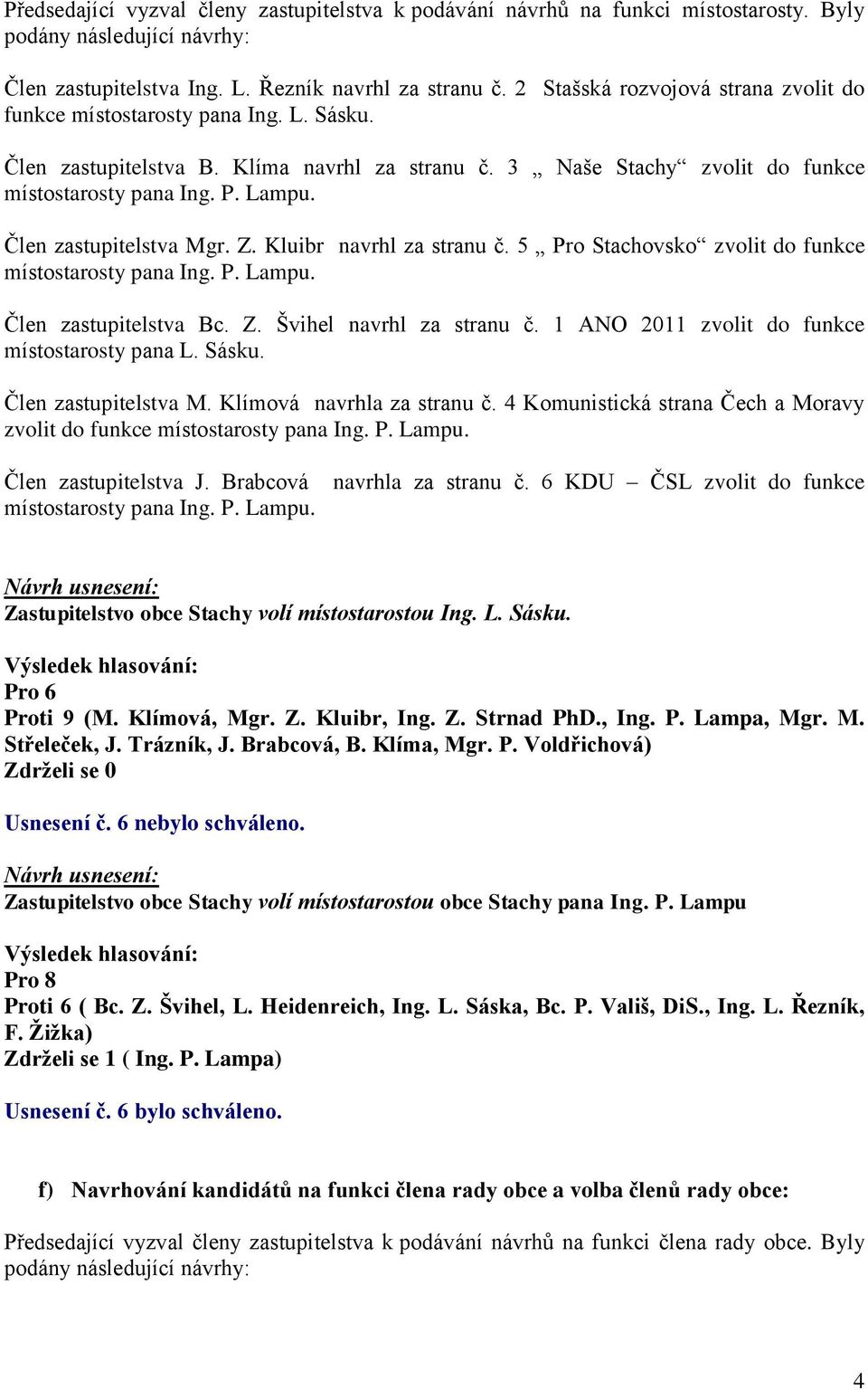 Člen zastupitelstva Mgr. Z. Kluibr navrhl za stranu č. 5 Pro Stachovsko zvolit do funkce místostarosty pana Ing. P. Lampu. Člen zastupitelstva Bc. Z. Švihel navrhl za stranu č.