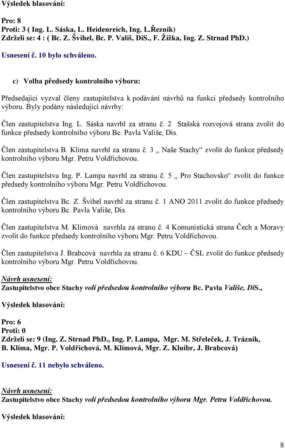 Sáska navrhl za stranu č. 2 Stašská rozvojová strana zvolit do funkce předsedy kontrolního výboru Bc. Pavla Vališe, Dis. Člen zastupitelstva B. Klíma navrhl za stranu č.