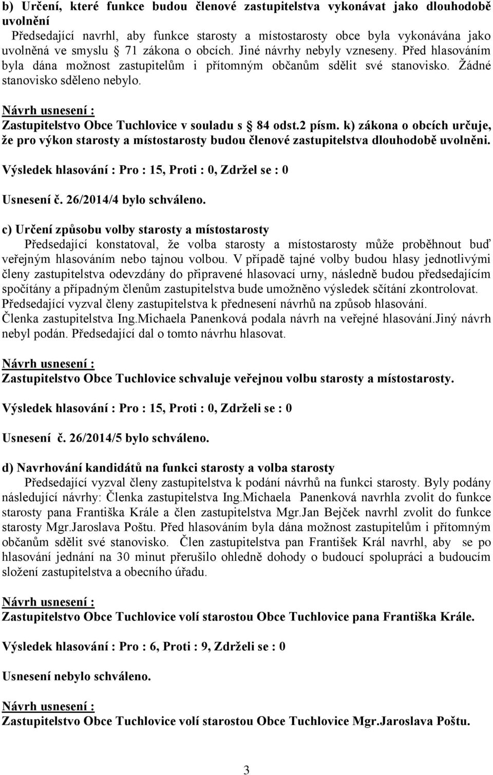 Zastupitelstvo Obce Tuchlovice v souladu s 84 odst.2 písm. k) zákona o obcích určuje, že pro výkon starosty a místostarosty budou členové zastupitelstva dlouhodobě uvolněni.