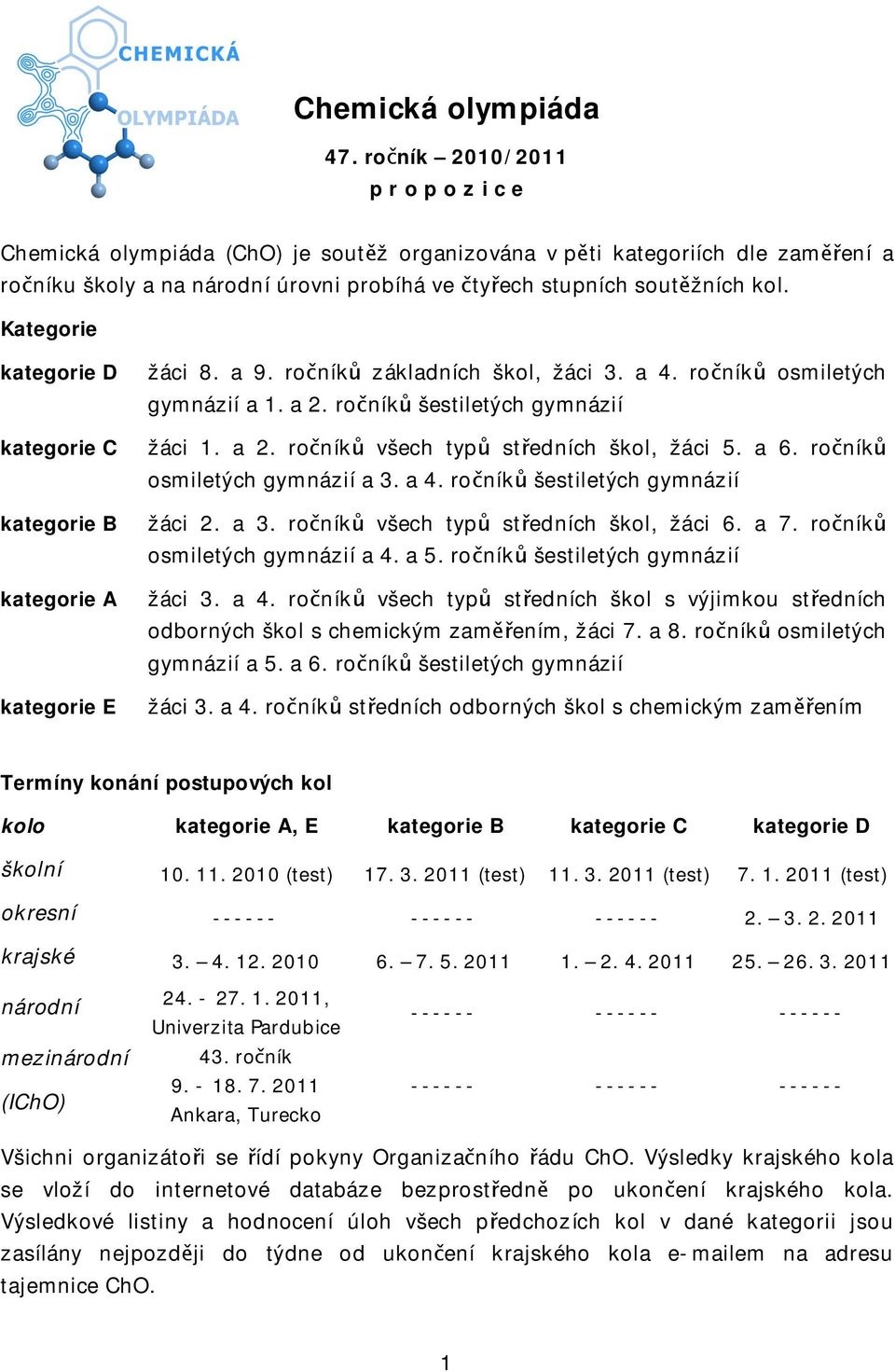 Kategorie kategorie D kategorie C kategorie B kategorie A kategorie E žáci 8. a 9. ročníků základních škol, žáci 3. a 4. ročníků osmiletých gymnázií a 1. a 2.