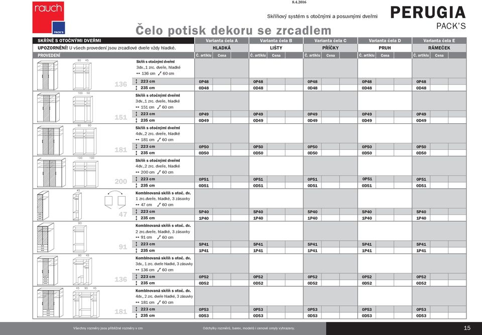 dveře, hladké 136 cm 60 cm 3dv.,1 zrc. dveře, hladké 151 cm 60 cm 4dv.,2 zrc. dveře, hladké cm 60 cm 4dv.,2 zrc. dveře, hladké 200 cm 60 cm Kombinovaná skříň s otoč. dv. 1 zrc.