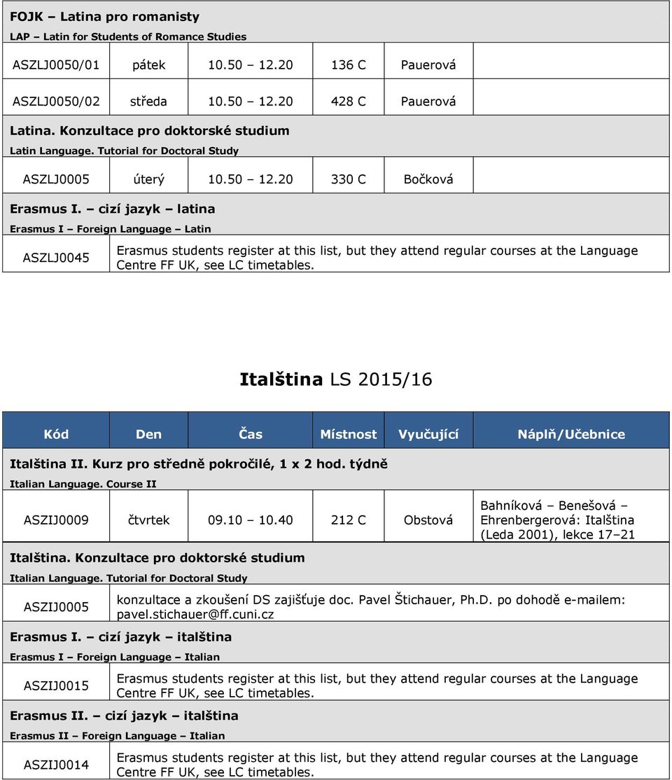 cizí jazyk latina Erasmus I Foreign Language Latin ASZLJ0045 Italština LS 2015/16 Italština II. Kurz pro středně pokročilé, Italian Language. Course II ASZIJ0009 čtvrtek 09.10 10.