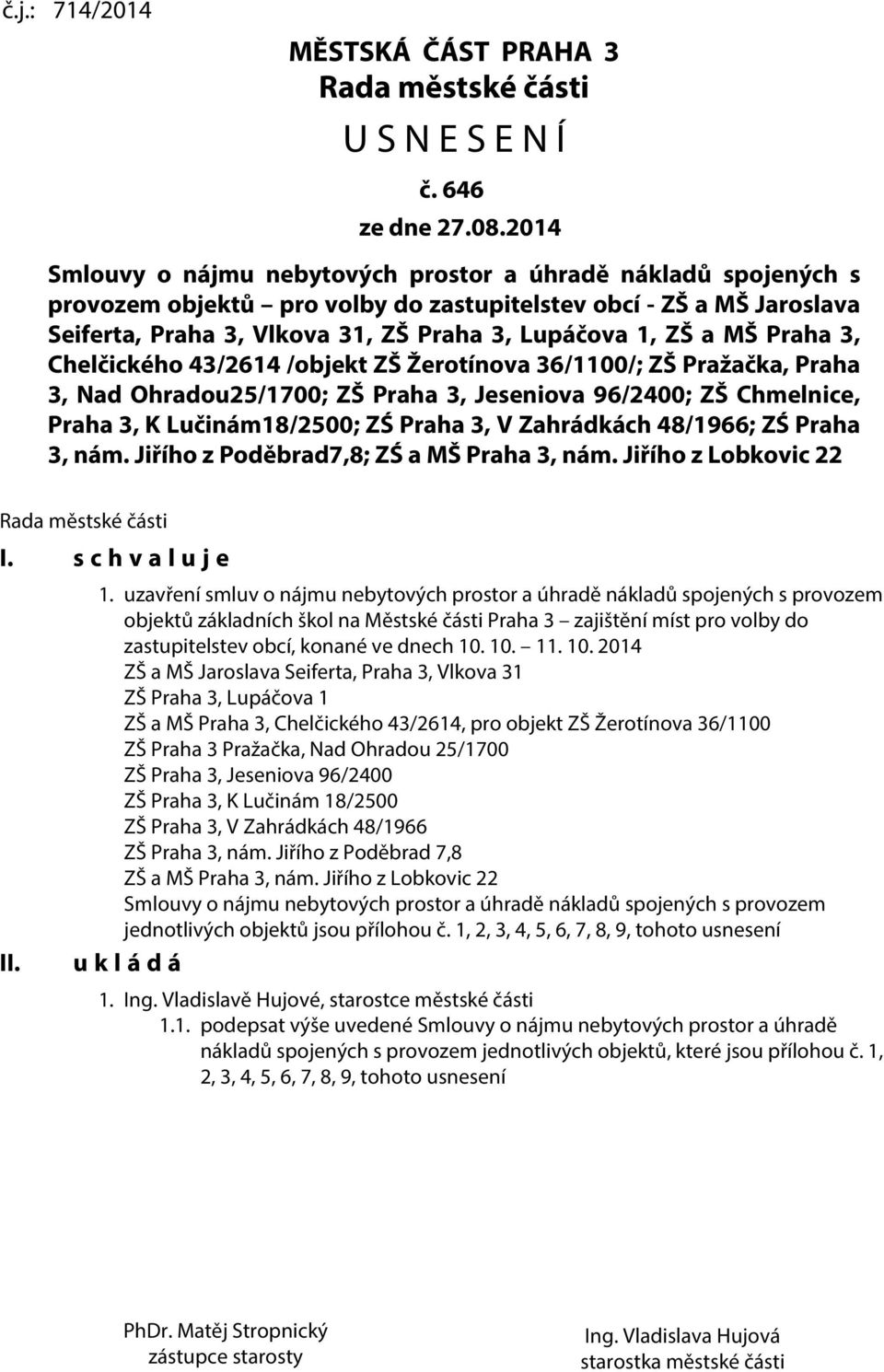 MŠ Praha 3, Chelčického 43/2614 /objekt ZŠ Žerotínova 36/1100/; ZŠ Pražačka, Praha 3, Nad Ohradou25/1700; ZŠ Praha 3, Jeseniova 96/2400; ZŠ Chmelnice, Praha 3, K Lučinám18/2500; ZŚ Praha 3, V