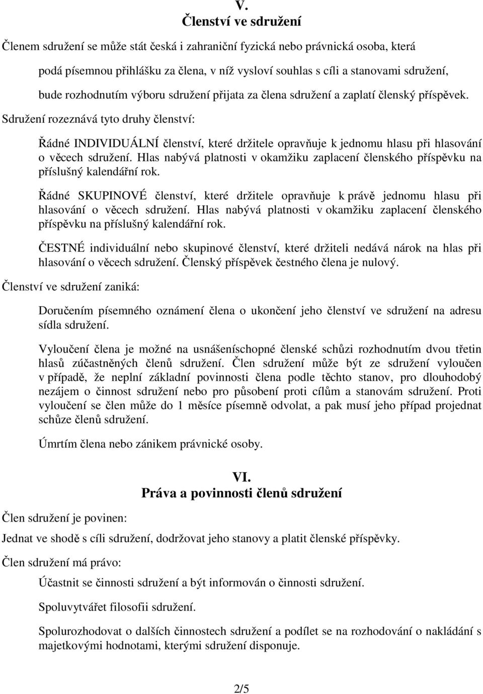 Sdružení rozeznává tyto druhy členství: Řádné INDIVIDUÁLNÍ členství, které držitele opravňuje k jednomu hlasu při hlasování o věcech sdružení.