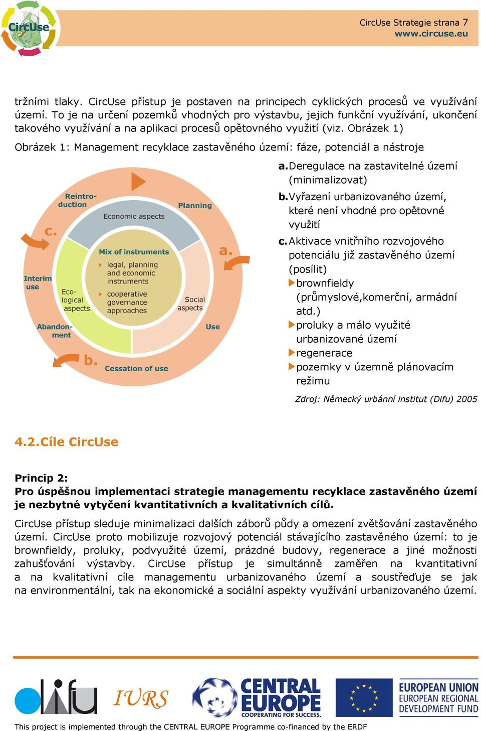 Obrázek 1) Obrázek 1: Management recyklace zastavěného území: fáze, potenciál a nástroje a. Deregulace na zastavitelné území (minimalizovat) b.