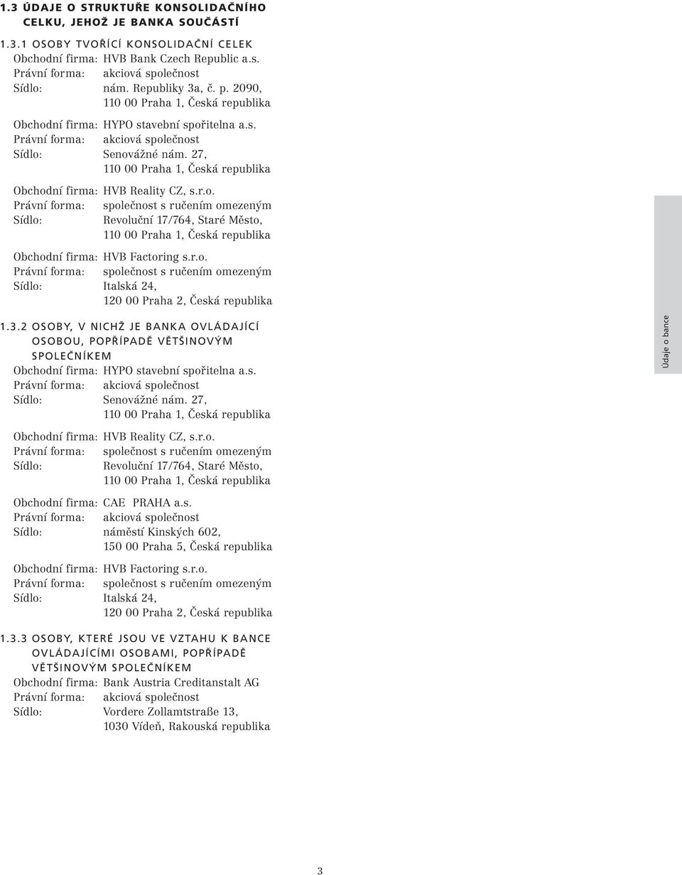 27, 110 00 Praha 1, Česká republika Obchodní firma: HVB Reality CZ, s.r.o. Právní forma: společnost s ručením omezeným Sídlo: Revoluční 17/764, Staré Město, 110 00 Praha 1, Česká republika Obchodní firma: HVB Factoring s.